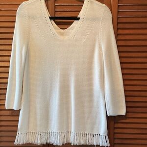 Talbots White V-Neck Sweater with Fringe Hem